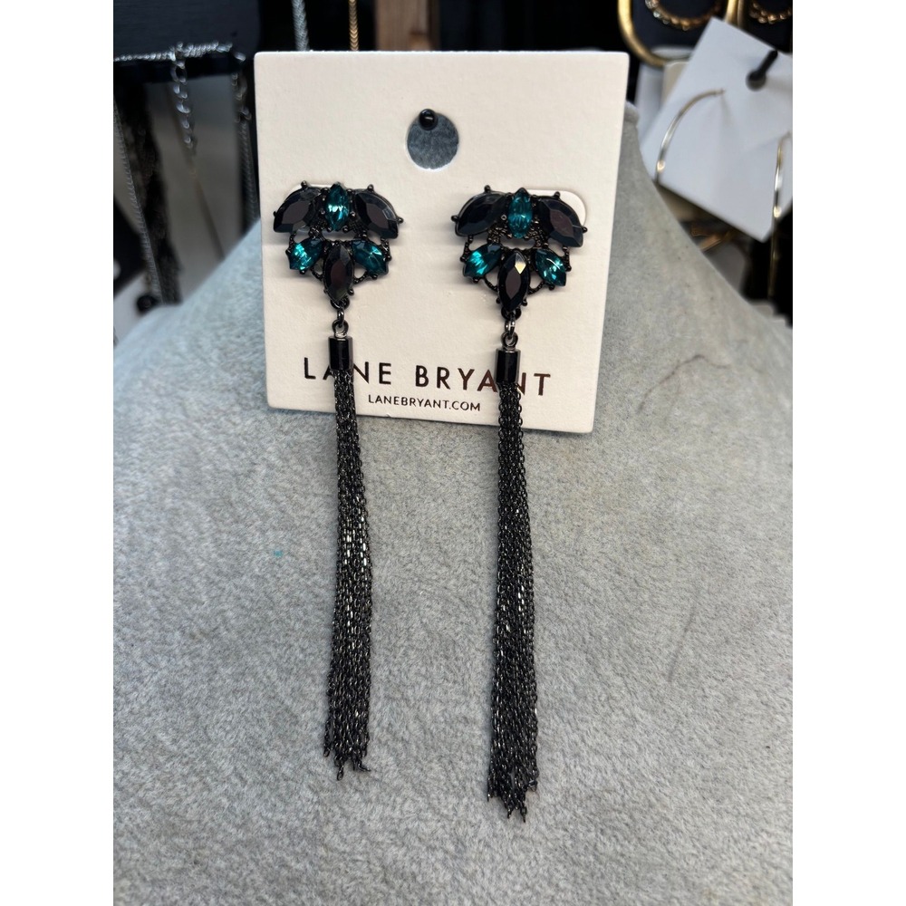 #11. Lane Bryant Teal Crystal & Gunmetal Tassel Drop Statement Earrings